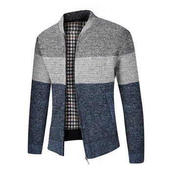 

Colorblock Fleece Lining Knit Jacket Zip Up Stand Up Warm Knitted Jacket, Blue