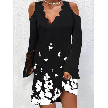 

Contrast Floral Print Cold Shoulder Dress Scalloped V Neck Long Sleeve Mini Dress, Black