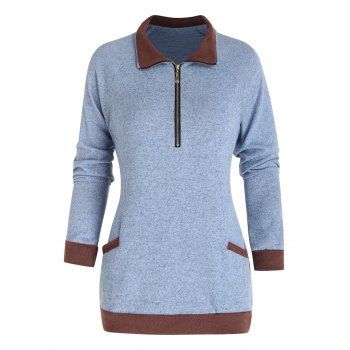 

Colorblock Heathered Knit Top Raglan Sleeve Half Zipper Pocket Patches Knitted Top, Blue