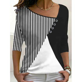 

Stripe Button Print Colorblock Long Sleeve Casual Top, Multicolor a