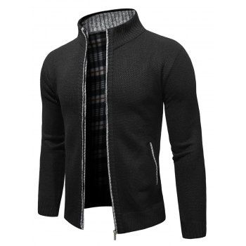 

Fleece Lining Knit Jacket Zip Up Casual Stand Up Warm Knitted Jacket, Black