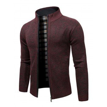 

Fleece Lining Knit Jacket Zip Up Casual Stand Up Warm Knitted Jacket, Red wine