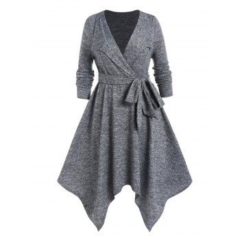 

Plus Size Dress Space Dye Belted Plunging Neck Long Sleeve Midi Handkerchief Dress, Gray