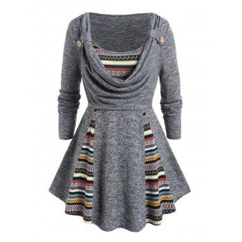 

Plus Size Top Colored Ethnic Striped Print Godet Draped Long Sleeve Top, Gray