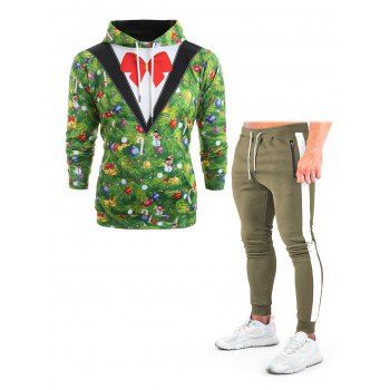 

Christmas Tree Blazer Print Drawstring Hoodie And Colorblock Striped Trim Sweatpants Casual Outfit, Green