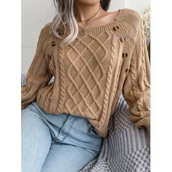 

Cable Knit Sweater Mock Button Raglan Sleeve Crew Neck Pullover Sweater, Coffee