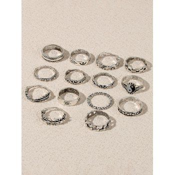 14Pcs Taichi Floral Leaf Alloy Round Finger Rings Set