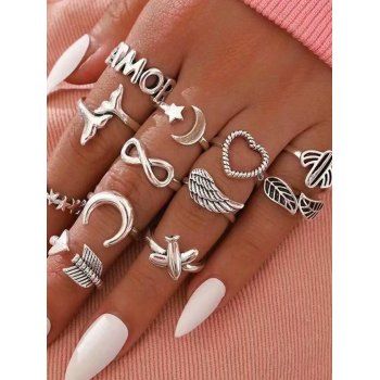 

12Pcs Moon Heart Letter Star Wing Leaf Cactus Alloy Rings Set, Silver