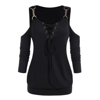 

Plus Size & Curve T-shirt Cold Shoulder D-ring Chain Long Sleeve Tee, Black