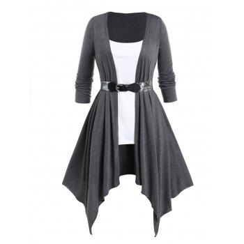 

Plus Size Faux Twinset T Shirt Colorblock Asymmetrical Hem Long Sleeve Belted Longline Twofer Tee, Dark gray