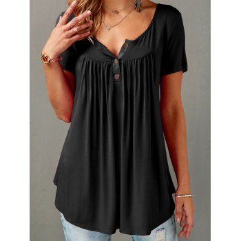 

Plain Color T Shirt Curved Hem Short Sleeve Casual T-shirt A-quarter-Button Tee, Black