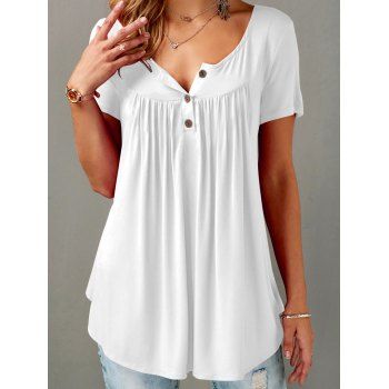 

Plain Color T Shirt Curved Hem Short Sleeve Casual T-shirt A-quarter-Button Tee, White