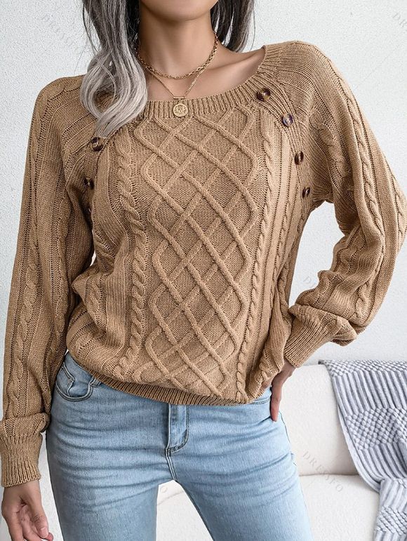 Pull en Tricot à Câble Boutonné à Manches Raglan à Col Rond - café 2XL