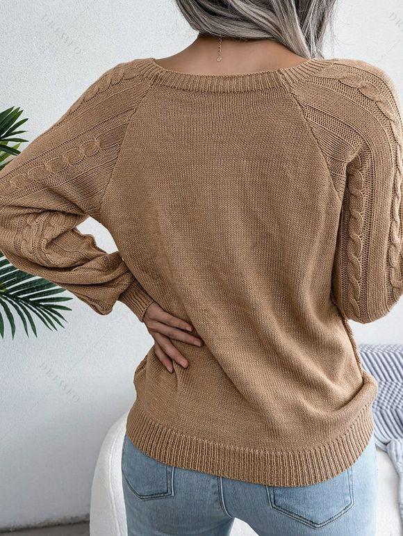 Pull en Tricot à Câble Boutonné à Manches Raglan à Col Rond - café 2XL