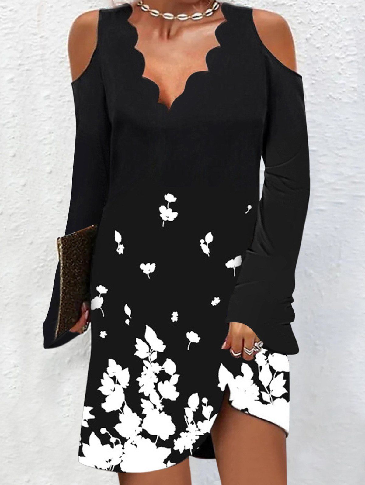 Contrast Floral Print Cold Shoulder Dress Scalloped V Neck Long Sleeve Mini Dress - BLACK 3XL