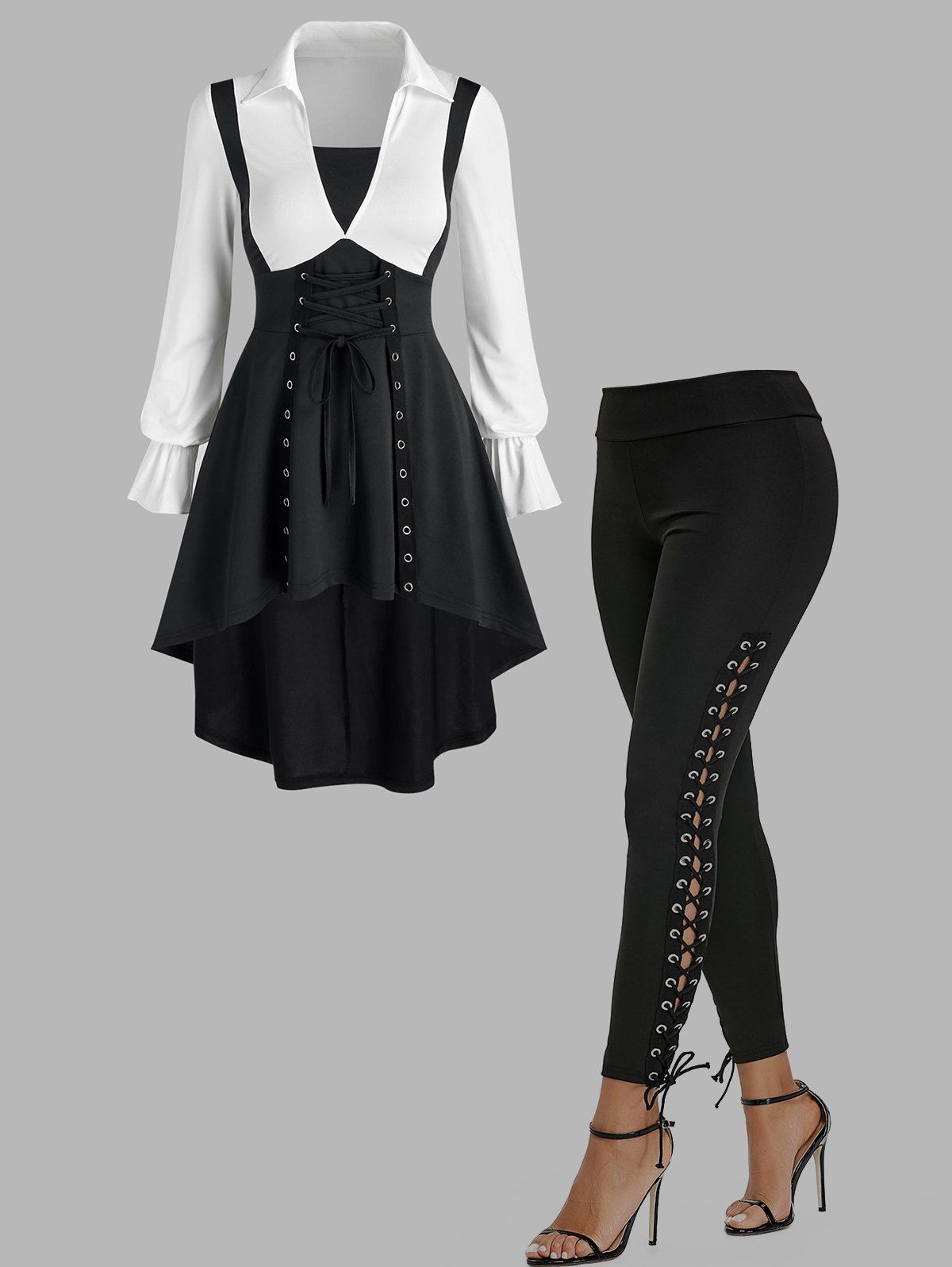 Eyelet Lace-up Contrast High Low Faux Twinset T-shirt And Plain Lace Up Skinny Pants Outfit - BLACK S