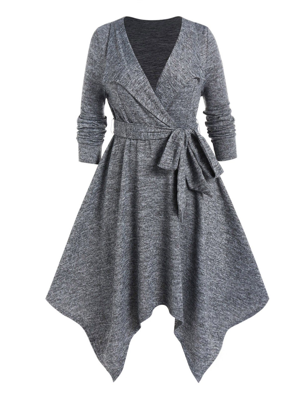 Plus Size Dress Space Dye Belted Plunging Neck Long Sleeve Midi Handkerchief Dress - GRAY 3X