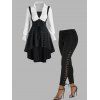 Eyelet Lace-up Contrast High Low Faux Twinset T-shirt And Plain Lace Up Skinny Pants Outfit - BLACK S