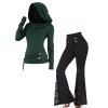 Solid Color Long Sleeve Belted Hooded Top And High Waist Lace Panel Bell Bottom Pants Outfit - multicolor S