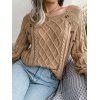 Cable Knit Sweater Mock Button Raglan Sleeve Crew Neck Pullover Sweater - WHITE M