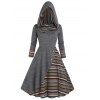 Tribal Colorful Stripe Panel Hooded Knit Dress Mock Button Long Sleeve A Line Knitted Dress - GRAY S