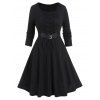 Mini Robe Ligne A Bouclée en Couleur Unie à Taille Haute à Lacets à Manches Longues - Noir L