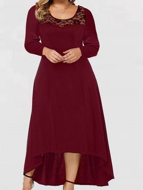 Plus Size & Curve High Low Dress Sheer Flower Lace Panel Long Sleeve Dress