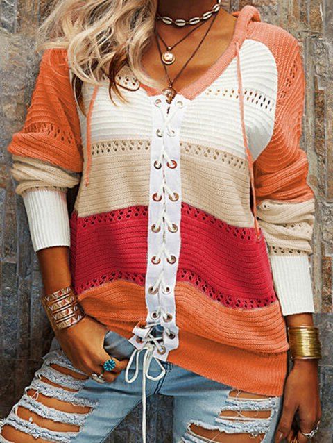 Contrast Colorblock Knit Top Lace Up Long Sleeve Pullover Hooded Knitwear
