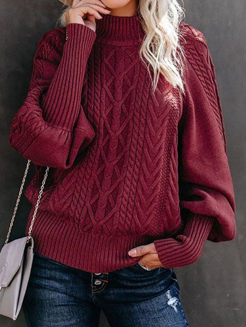 Plain Color Sweater Cable Knit Mock Neck Pullover Long Balloon Sleeve Sweater