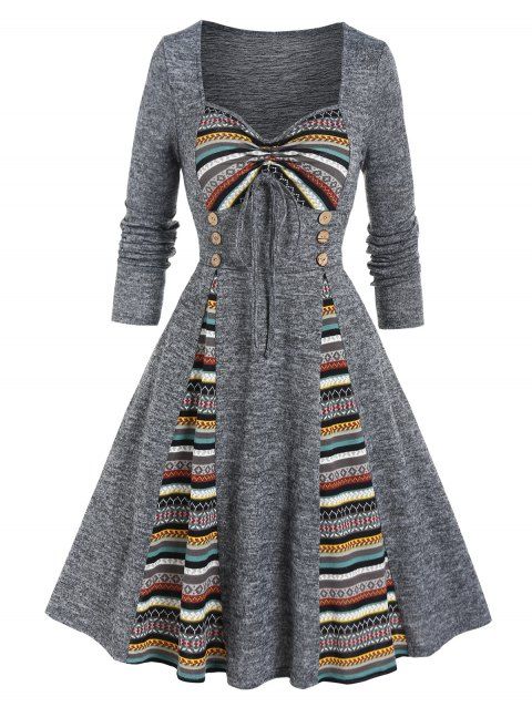 Colored Ethnic Striped Print Panel Dress Godet Bowknot Empire Waist Long Sleeve A Line Midi Dress