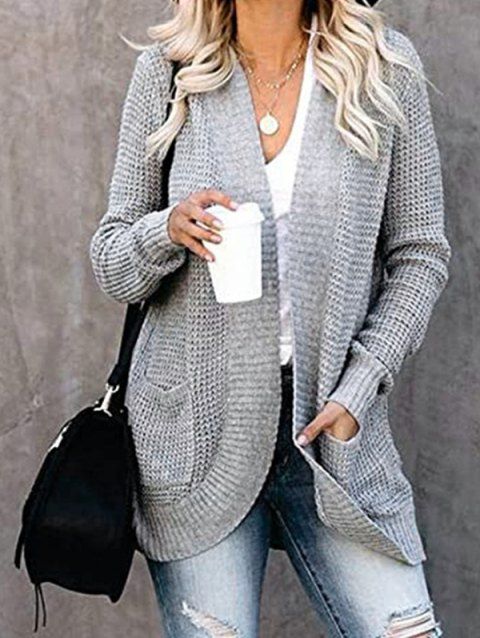 Open Front Sweater Cardigan Plain Color Ribbed Hem Pockets Chunky Long Cardigan