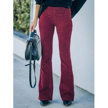 

Plain Color Flare Pants High Waist Zipper Fly Patch Pocket Long Pants, Red