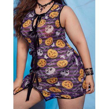 

Plus Size Halloween Lingerie Set Striped Skull Pumpkin Print Bowknot Cut Out Sheer Lingerie Set, Purple