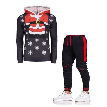 

Christmas Santa Clause Snowflake 3D Print Colorblock Hoodie And Contrasting Stripe Print Jogger Sweatpants Sport Outfit, Black