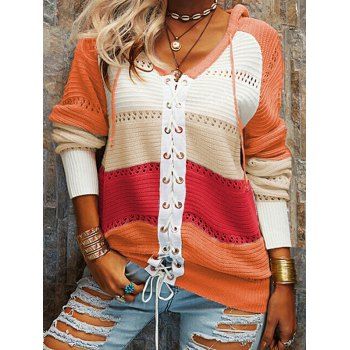 

Contrast Colorblock Knit Top Lace Up Long Sleeve Pullover Hooded Knitwear, Multicolor