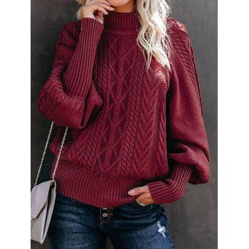 

Plain Color Sweater Cable Knit Mock Neck Pullover Long Balloon Sleeve Sweater, Deep red