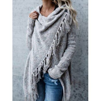 

Striped Print Cardigan Tassel Open Front Long Sleeve Cardigan, Light gray