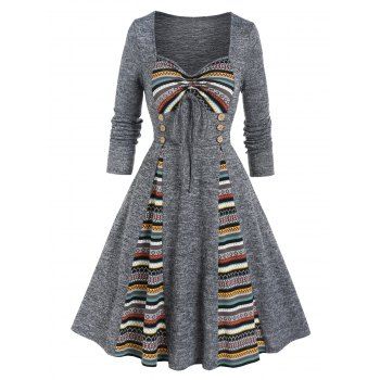 

Colored Ethnic Striped Print Panel Dress Godet Bowknot Empire Waist Long Sleeve A Line Midi Dress, Gray