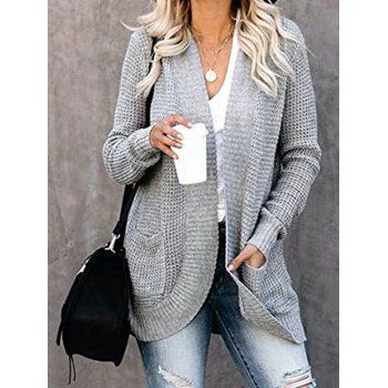 

Open Front Sweater Cardigan Plain Color Ribbed Hem Pockets Chunky Long Cardigan, Light gray