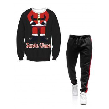 

Christmas Santa Claus 3D Print Pullover Sweatshirt And Colorblock Patchwork Drawstring Waist Jogger Sweatpants Sport Outfit, Black