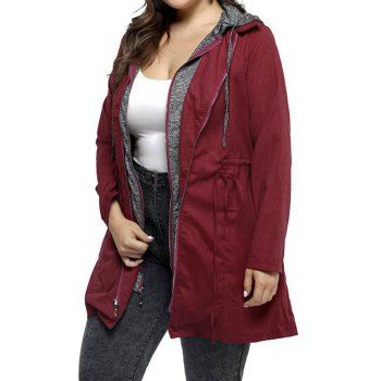 

Plus Size & Curve Coat Drawstring Waist Long Hooded Coat Space Dye Hood Zip Up Coat, Deep red