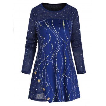 

Printed T Shirt Glitter Star Mock Button Long Sleeve Asymmetrical Hem Casual Tee, Deep blue