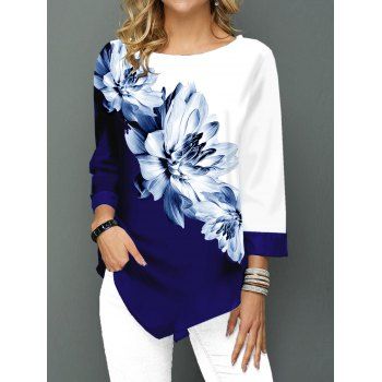 

Casual T Shirt Colorblock T Shirt Ink Painting Flower Asymmetrical Hem Tee, Blue