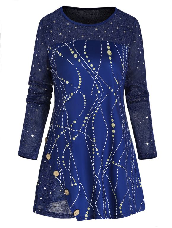 T-shirt Décontracté à Imprimé Etoile Boutonné à Manches Longues à Paillettes - Bleu profond 3XL
