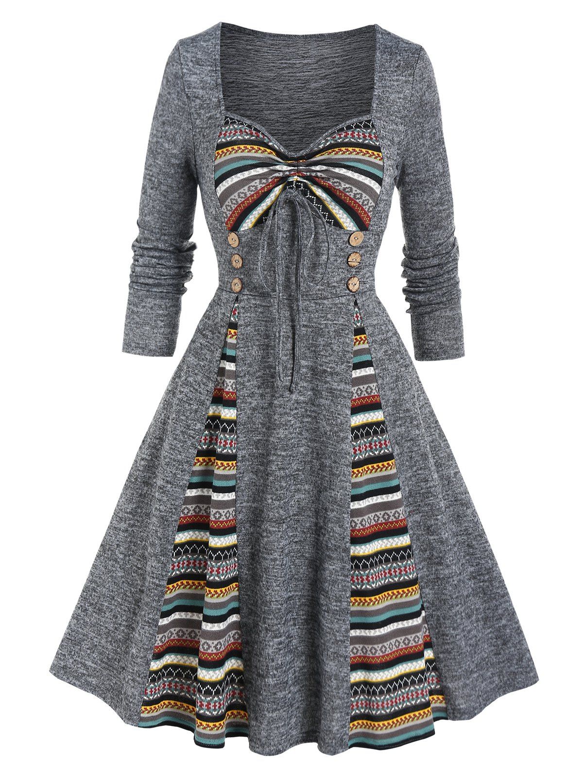 Colored Ethnic Striped Print Panel Dress Godet Bowknot Empire Waist Long Sleeve A Line Midi Dress - GRAY L