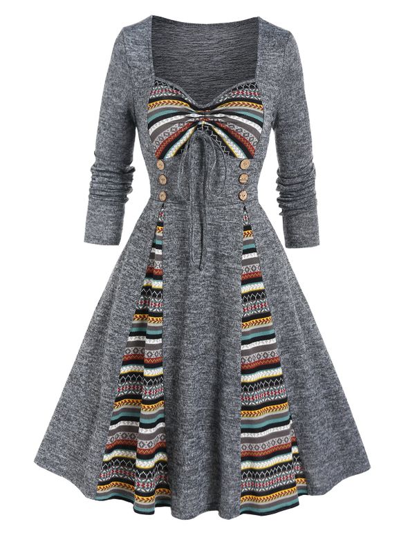 Colored Ethnic Striped Print Panel Dress Godet Bowknot Empire Waist Long Sleeve A Line Midi Dress - GRAY M