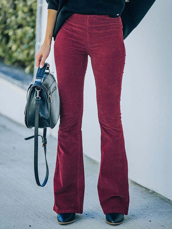 Pantalon Long Zippé Evasé en Couleur Unie à Taille Haute avec Poche - Rouge S