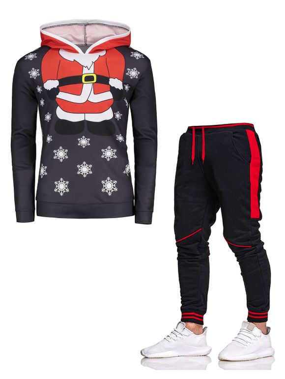 Ensemble de Sweat-Shirt à Capuche à Imprimé Rayures Flocons de Neige et Père Noël 3D et Pantalon de Jogging - Noir M