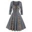 Colored Ethnic Striped Print Panel Dress Godet Bowknot Empire Waist Long Sleeve A Line Midi Dress - GRAY M