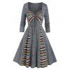 Colored Ethnic Striped Print Panel Dress Godet Bowknot Empire Waist Long Sleeve A Line Midi Dress - GRAY L